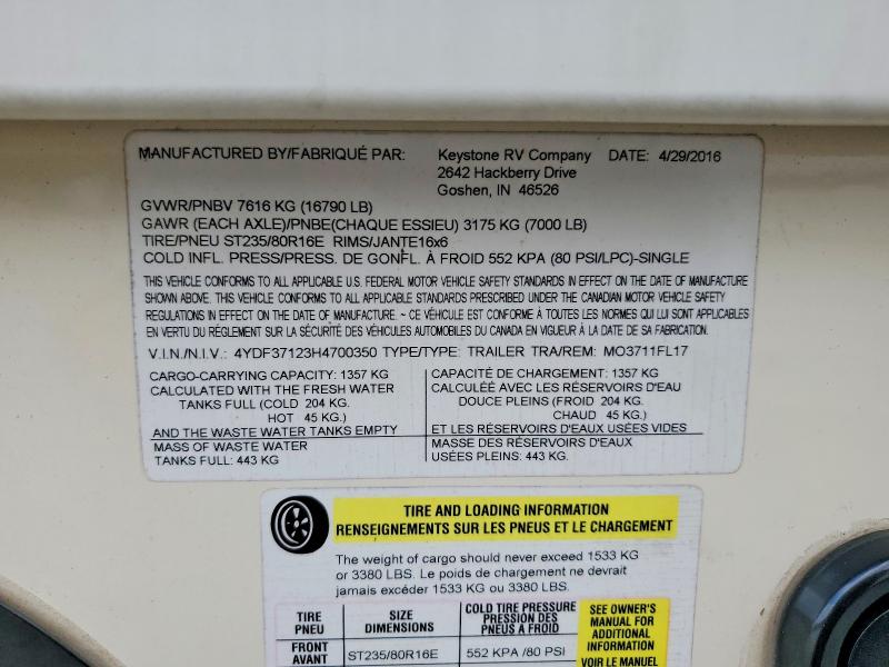 Продажа на аукционе авто 2017 Keystone Rv Montana Fifth Wheel, vin: 4YDF37123H4700350, номер лота: 55758566
