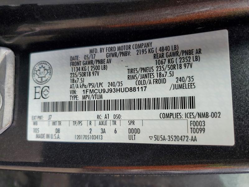 57558766 :رقم المزاد ، 1FMCU9J93HUD88117 vin ، 2017 Ford Escape مزاد بيع