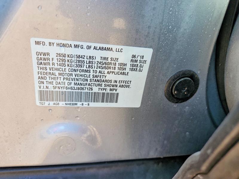 Продаж на аукціоні авто 2018 Honda Pilot, vin: 5FNYF6H63JB067126, номер лоту: 58776236