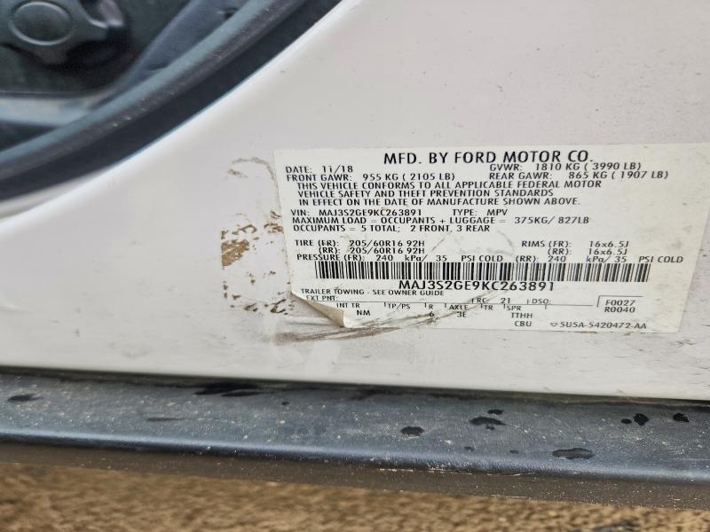 57234156 :رقم المزاد ، MAJ3S2GE9KC263891 vin ، 2019 Ford Ecosport مزاد بيع