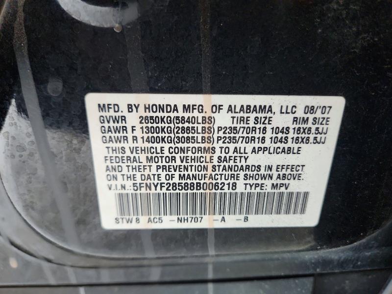 Aukcja sprzedaży 2008 Honda Pilot, vin: 5FNYF28588B006218, numer aukcji: 55000656