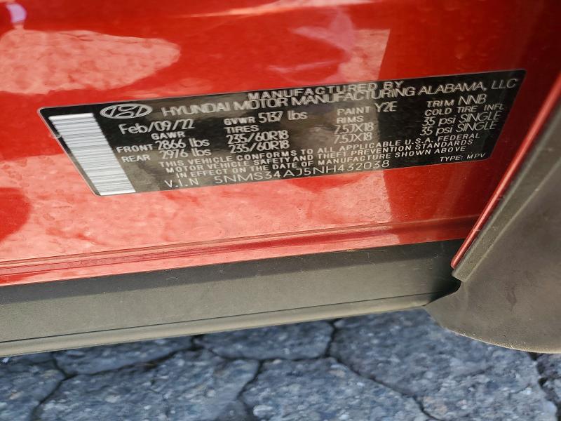 2022 Hyundai Santa Fe მანქანა იყიდება აუქციონზე, vin: 5NMS34AJ5NH432038, აუქციონის ნომერი: 56771316