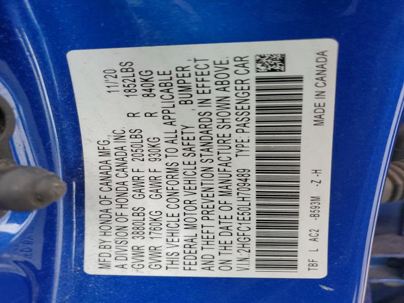 2020 Honda Civic მანქანა იყიდება აუქციონზე, vin: 2HGFC1E50LH709489, აუქციონის ნომერი: 58937156