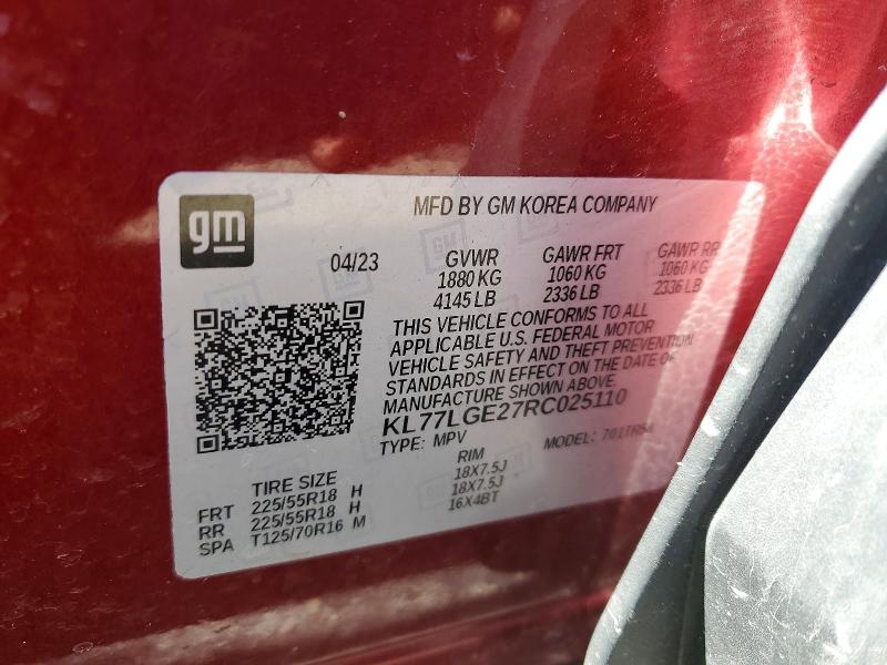 58661246 :رقم المزاد ، KL77LGE27RC025110 vin ، 2024 Chevrolet Trax مزاد بيع