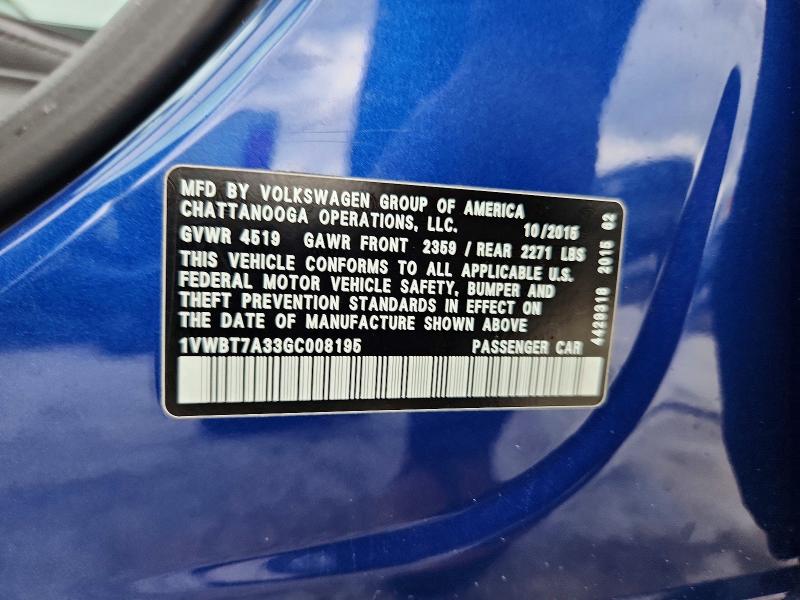 Aukcja sprzedaży 2016 Volkswagen Passat, vin: 1VWBT7A33GC008195, numer aukcji: 57553296