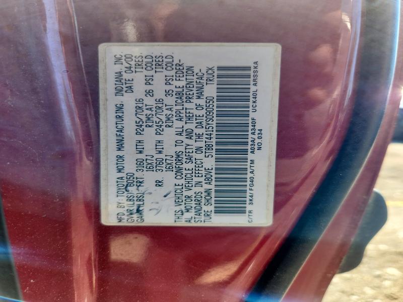 55028206 :رقم المزاد ، 5TBBT4415YS090550 vin ، 2000 Toyota Tundra مزاد بيع