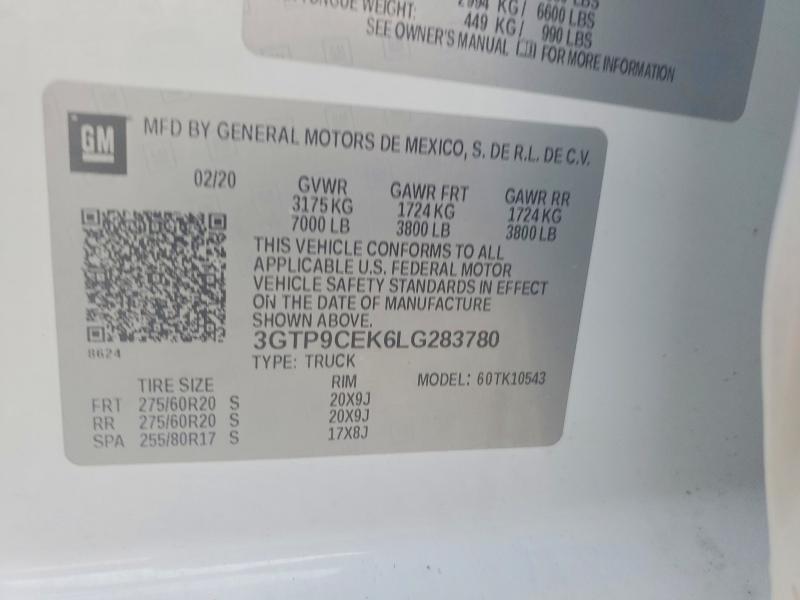 Продажа на аукционе авто 2020 Gmc Sierra, vin: 3GTP9CEK6LG283780, номер лота: 58799156