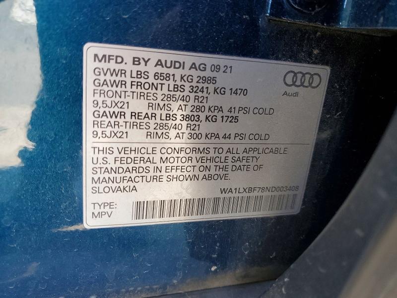 Aukcja sprzedaży 2022 Audi Q7 45 Premium Quattr, vin: WA1LXBF78ND003408, numer aukcji: 85614215