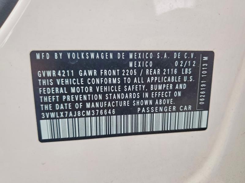 Продажа на аукционе авто 2012 Volkswagen Jetta, vin: 3VWLX7AJ8CM376646, номер лота: 57325226