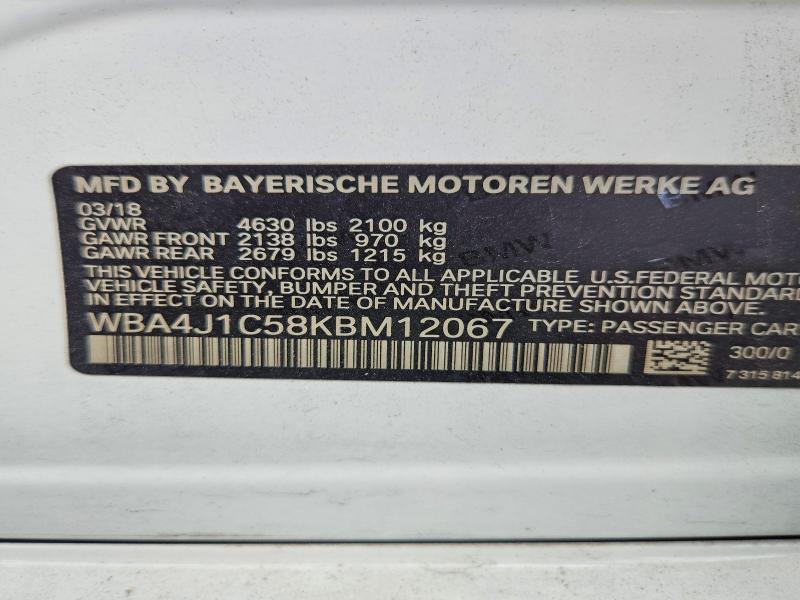 57145306 :رقم المزاد ، WBA4J1C58KBM12067 vin ، 2019 Bmw 430i مزاد بيع