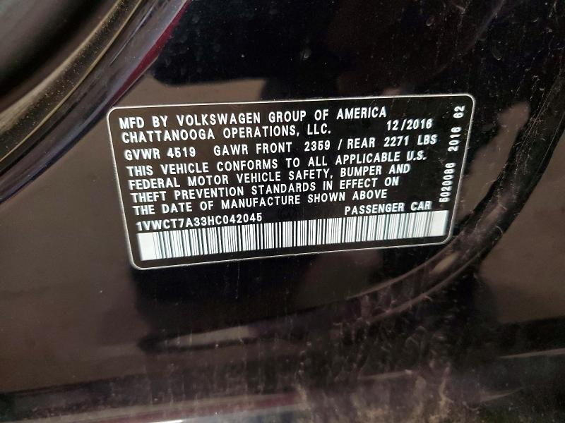 Aukcja sprzedaży 2017 Volkswagen Passat, vin: 1VWCT7A33HC042045, numer aukcji: 57443546