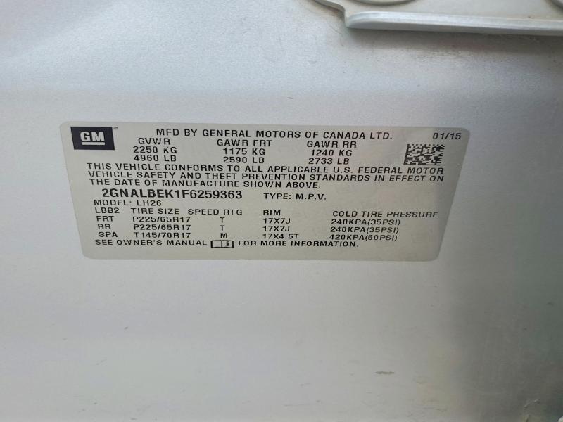 Aukcja sprzedaży 2015 Chevrolet Equinox, vin: 2GNALBEK1F6259363, numer aukcji: 57001086