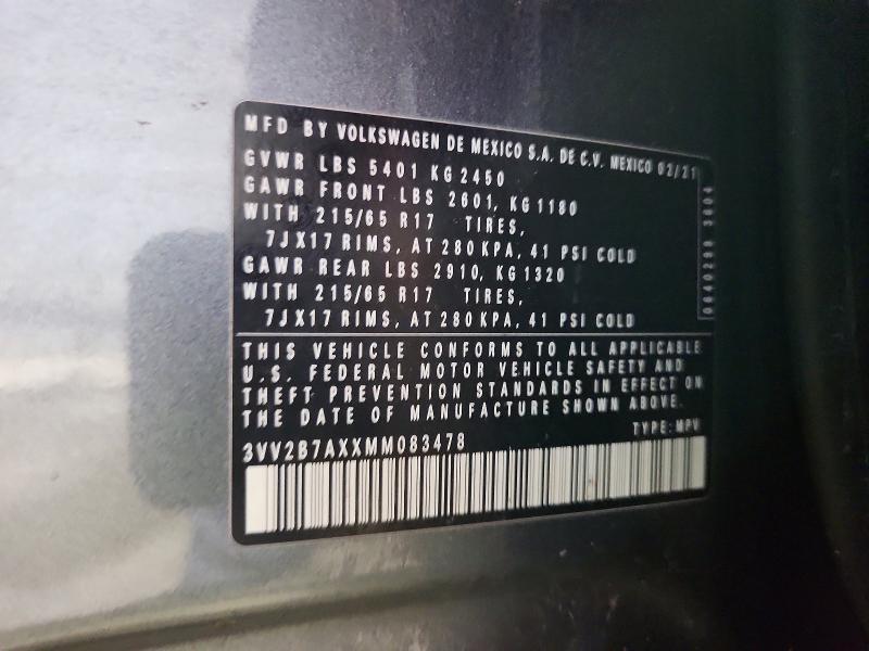 2021 Volkswagen Tiguan მანქანა იყიდება აუქციონზე, vin: 3VV2B7AXXMM083478, აუქციონის ნომერი: 58661136