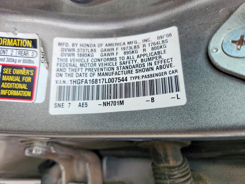 Продажа на аукционе авто 2007 Honda Civic, vin: 1HGFA16817L007544, номер лота: 55820986
