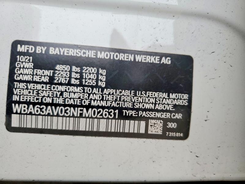 Aukcja sprzedaży 2022 Bmw 430i, vin: WBA63AV03NFM02631, numer aukcji: 56256196