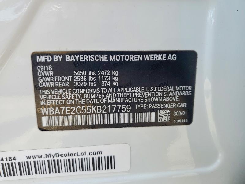 2019 Bmw 740 მანქანა იყიდება აუქციონზე, vin: WBA7E2C55KB217759, აუქციონის ნომერი: 58393006