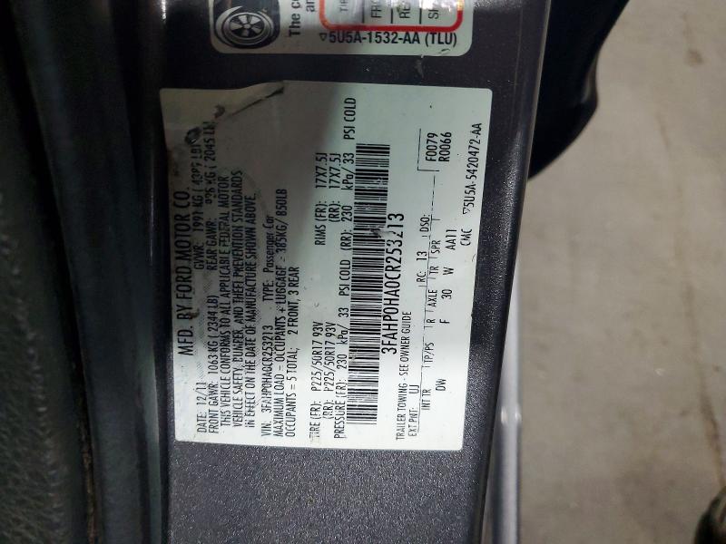 57048736 :رقم المزاد ، 3FAHP0HA0CR253213 vin ، 2012 Ford Fusion مزاد بيع