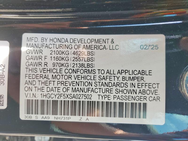 55862596 :رقم المزاد ، 1HGCY2F5XSA027502 vin ، 2025 Honda Accord مزاد بيع