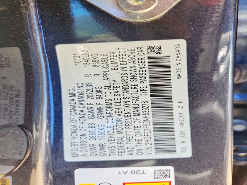 Продажа на аукционе авто 2022 Honda Civic, vin: 2HGFE2F50NH539278, номер лота: 57864266