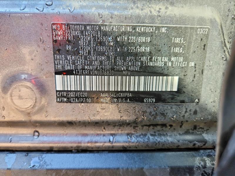 58918116 :رقم المزاد ، 4T3E6RFV0NU076820 vin ، 2022 Toyota Rav4 مزاد بيع