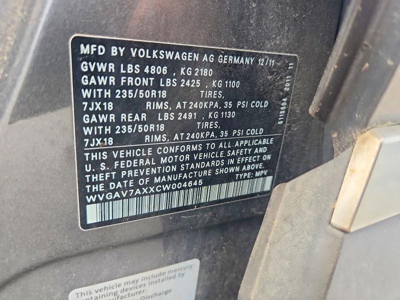 Продажа на аукционе авто 2012 Volkswagen Tiguan, vin: WVGAV7AXXCW004645, номер лота: 58281916