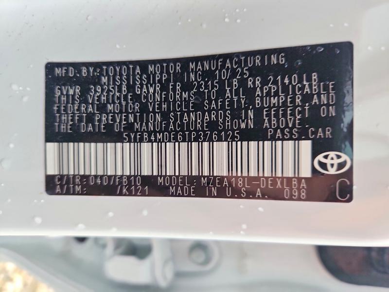 Продаж на аукціоні авто 2026 Toyota Corolla, vin: 5YFB4MDE6TP376125, номер лоту: 57123006