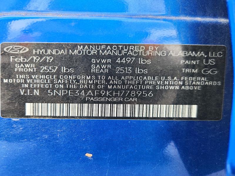 57376666 :رقم المزاد ، 5NPE34AF9KH778956 vin ، 2019 Hyundai Sonata مزاد بيع