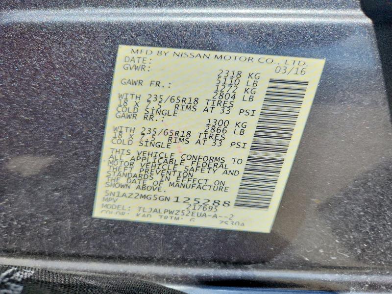 56616286 :رقم المزاد ، 5N1AZ2MG5GN125288 vin ، 2016 Nissan Murano مزاد بيع