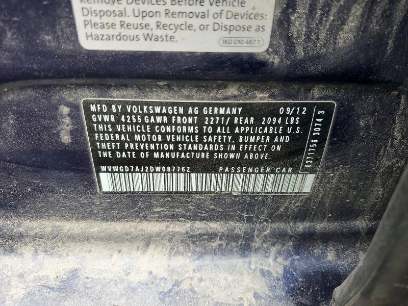 57740726 :رقم المزاد ، WVWGD7AJ2DW087762 vin ، 2013 Volkswagen Gti مزاد بيع