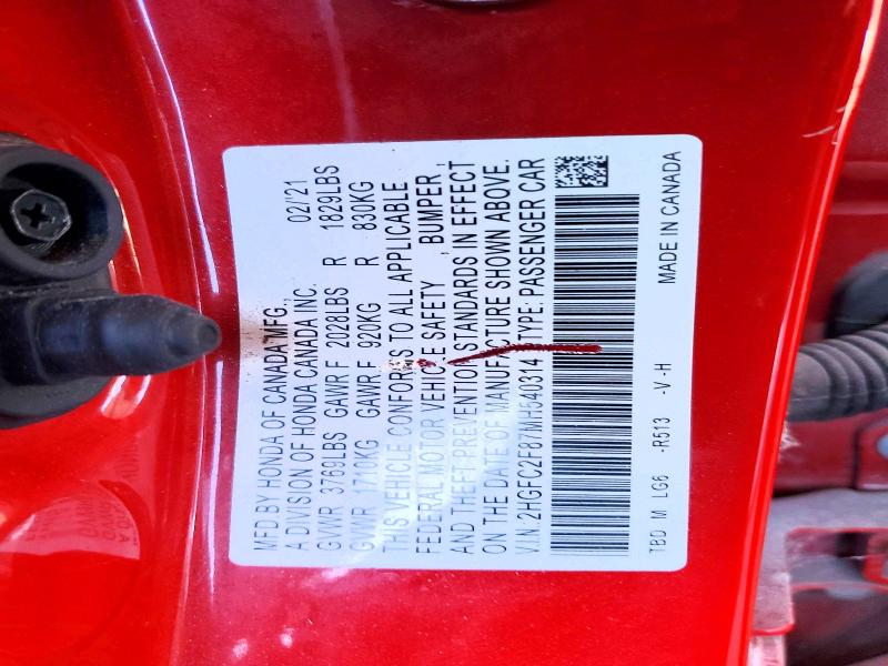 2021 Honda Civic მანქანა იყიდება აუქციონზე, vin: 2HGFC2F87MH540314, აუქციონის ნომერი: 58133776