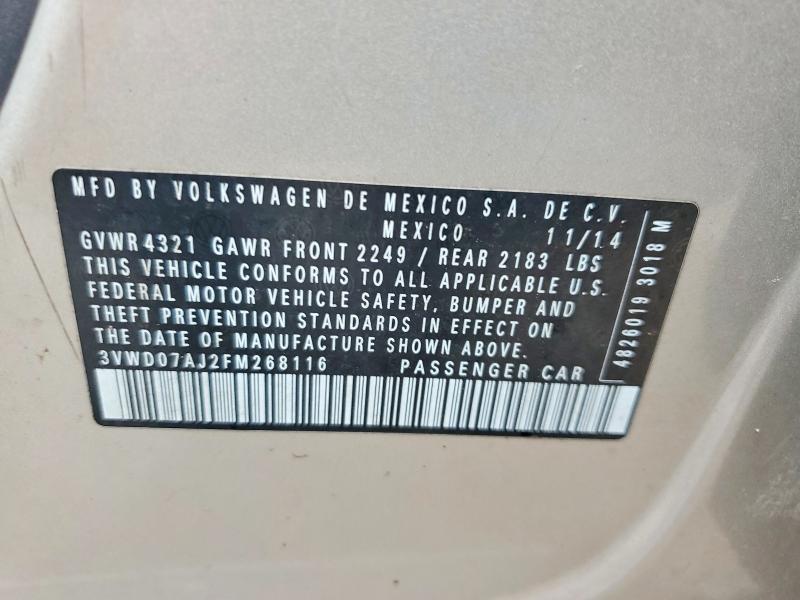 57906086 :رقم المزاد ، 3VWD07AJ2FM268116 vin ، 2015 Volkswagen Jetta مزاد بيع
