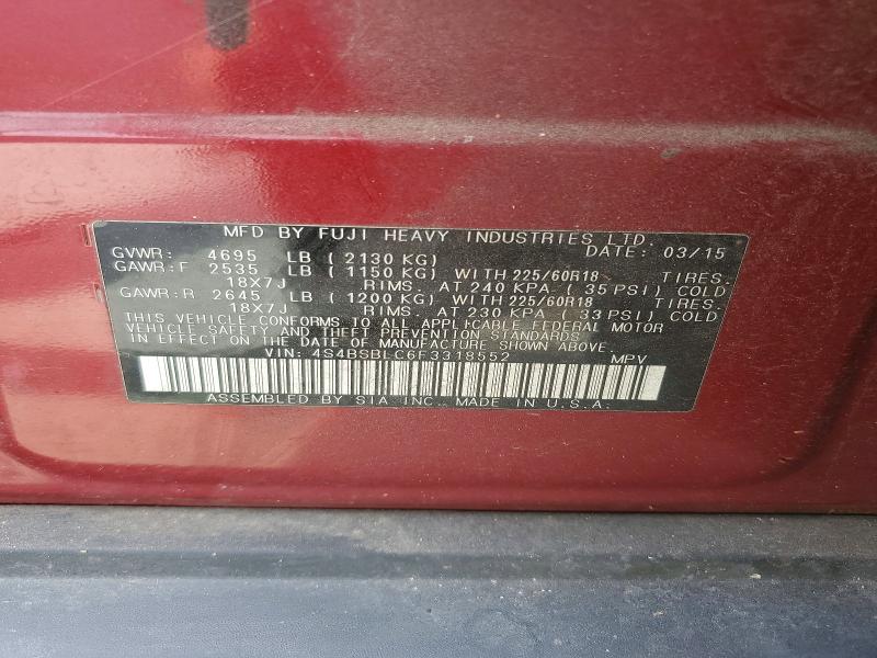 58737956 :رقم المزاد ، 4S4BSBLC6F3318552 vin ، 2015 Subaru Outback مزاد بيع