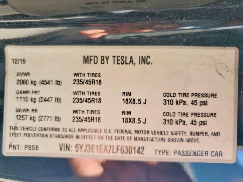 Aukcja sprzedaży 2020 Tesla Model 3, vin: 5YJ3E1EA7LF630142, numer aukcji: 56539076