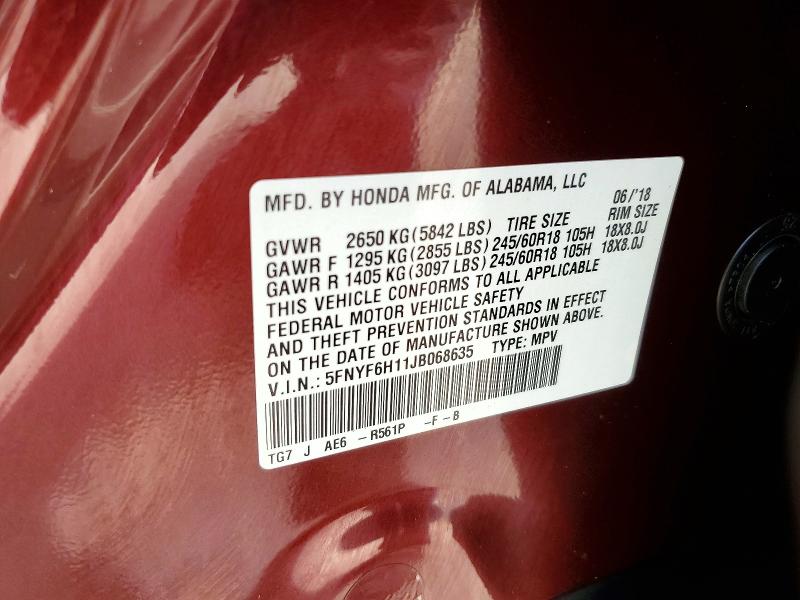 2018 Honda Pilot მანქანა იყიდება აუქციონზე, vin: 5FNYF6H11JB068635, აუქციონის ნომერი: 56073906
