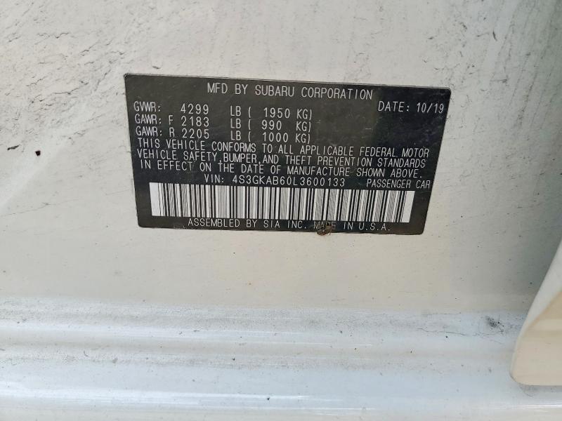 2020 Subaru Impreza მანქანა იყიდება აუქციონზე, vin: 4S3GKAB60L3600133, აუქციონის ნომერი: 58893716
