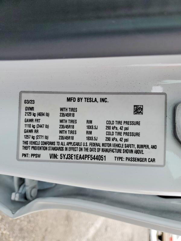 Продажа на аукционе авто 2023 Tesla Model 3, vin: 5YJ3E1EA4PF544051, номер лота: 57965146