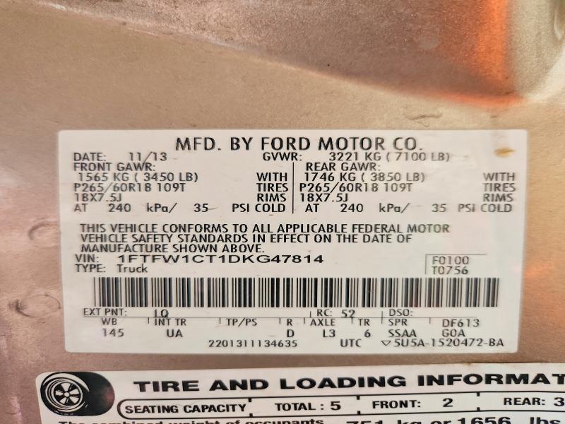 2013 Ford F150 მანქანა იყიდება აუქციონზე, vin: 1FTFW1CT1DKG47814, აუქციონის ნომერი: 85454725