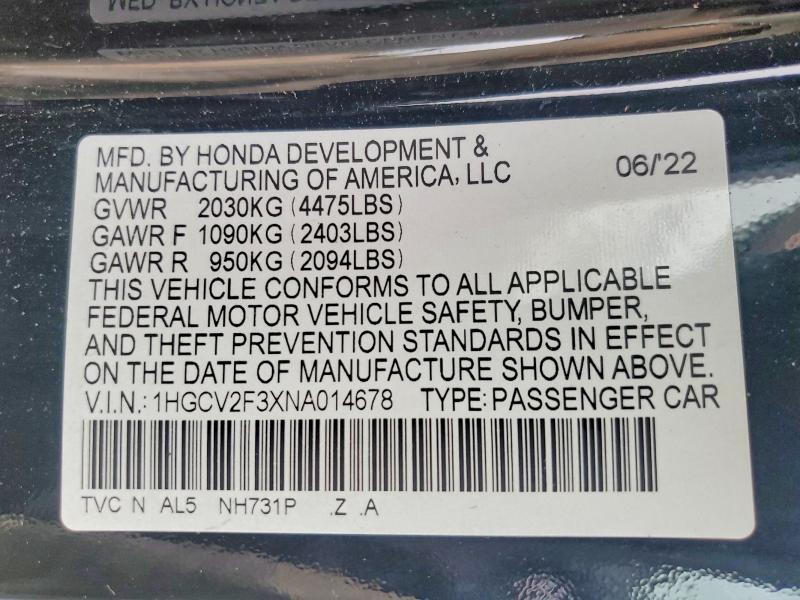 57624646 :رقم المزاد ، 1HGCV2F3XNA014678 vin ، 2022 Honda Accord مزاد بيع