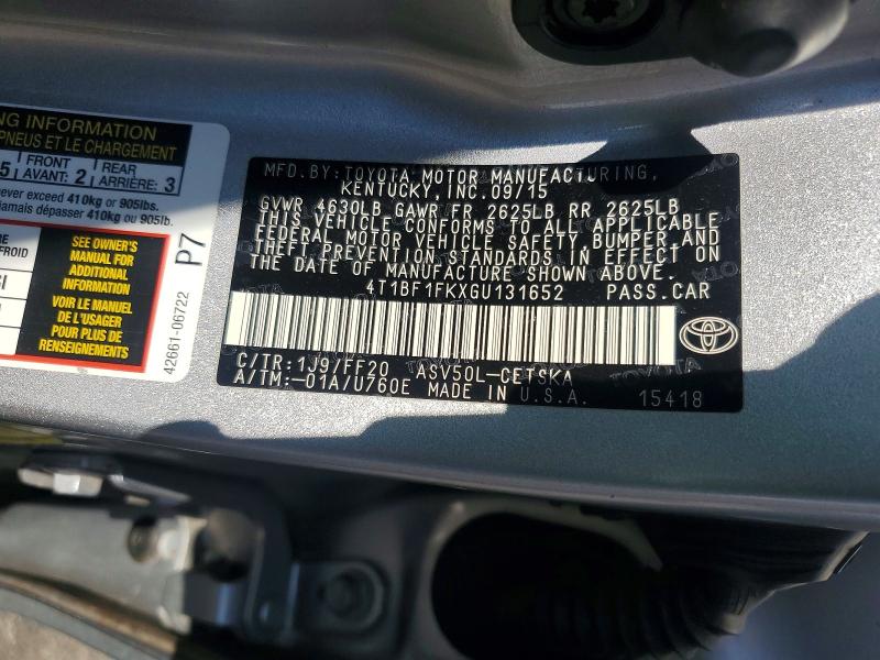 2016 Toyota Camry მანქანა იყიდება აუქციონზე, vin: 4T1BF1FKXGU131652, აუქციონის ნომერი: 57144696