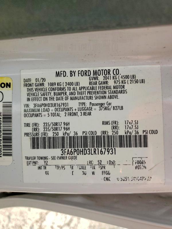 Aukcja sprzedaży 2020 Ford Fusion, vin: 3FA6P0HD3LR167931, numer aukcji: 52779506