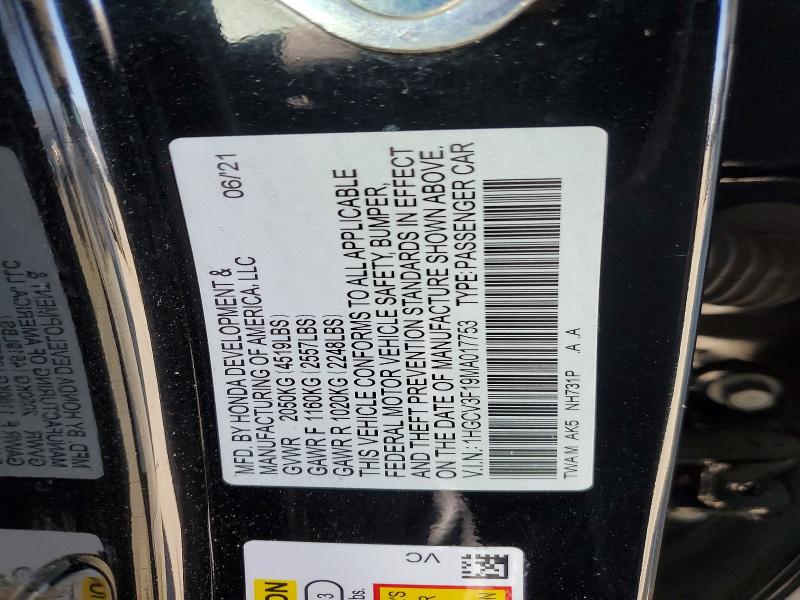 57004996 :رقم المزاد ، 1HGCV3F19MA017753 vin ، 2021 Honda Accord مزاد بيع