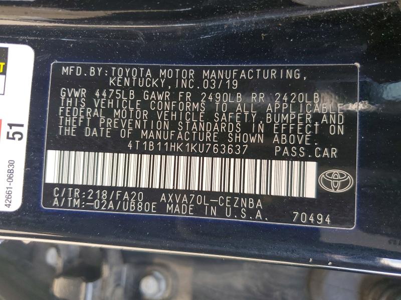 Auction sale of the 2019 Toyota Camry, vin: 4T1B11HK1KU763637, lot number: 57041366