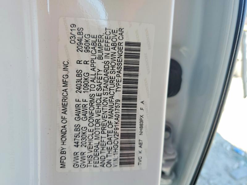 57149086 :رقم المزاد ، 1HGCV2F91KA017579 vin ، 2019 Honda Accord مزاد بيع