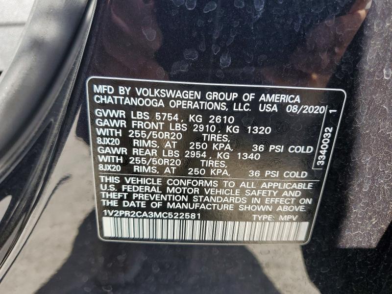 57156186 :رقم المزاد ، 1V2PR2CA3MC522581 vin ، 2021 Volkswagen Atlas مزاد بيع