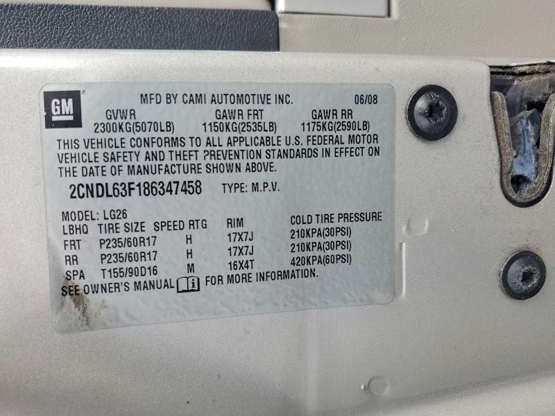 57765946 :رقم المزاد ، 2CNDL63F186347458 vin ، 2008 Chevrolet Equinox مزاد بيع