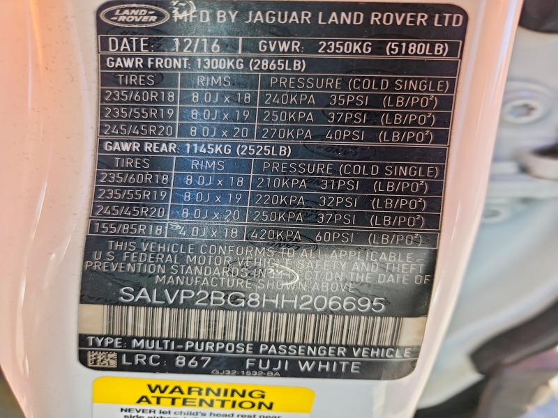 58111766 :رقم المزاد ، SALVP2BG8HH206695 vin ، 2017 Land Rover Range Rover Evoque مزاد بيع
