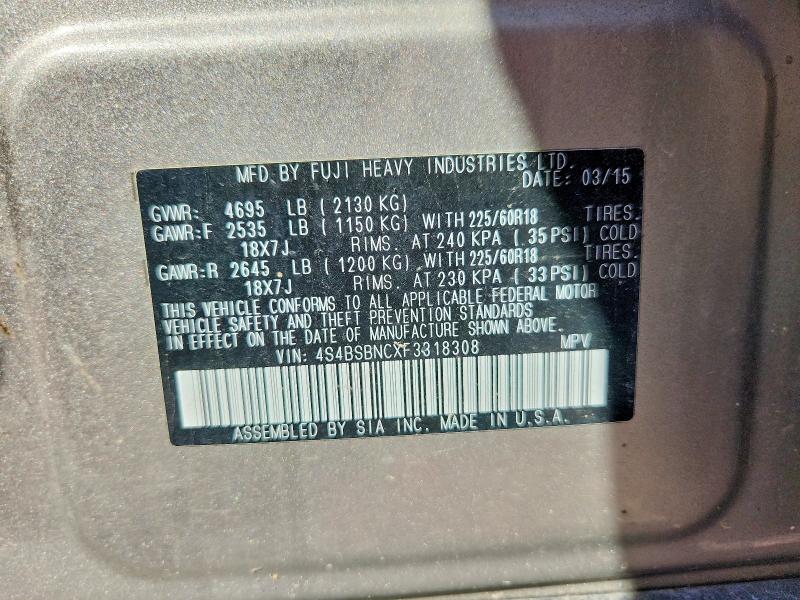 2015 Subaru Outback მანქანა იყიდება აუქციონზე, vin: 4S4BSBNCXF3318308, აუქციონის ნომერი: 56393026