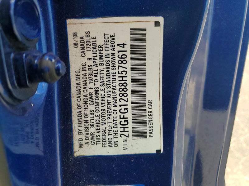2008 Honda Civic მანქანა იყიდება აუქციონზე, vin: 2HGFG12888H578614, აუქციონის ნომერი: 58799056