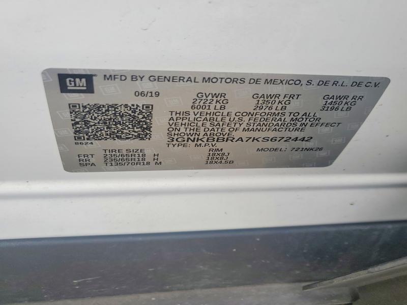 56657206 :رقم المزاد ، 3GNKBBRA7KS672442 vin ، 2019 Chevrolet Blazer مزاد بيع