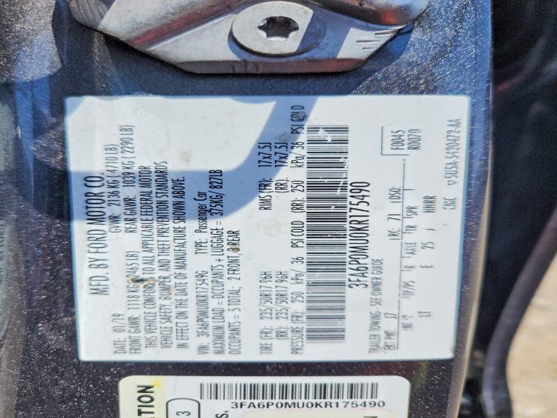 Продажа на аукционе авто 2019 Ford Fusion, vin: 3FA6P0MU0KR175490, номер лота: 57333996